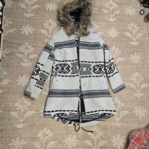 Tribal Pattern Hooded Coat with Faux Fur Trim